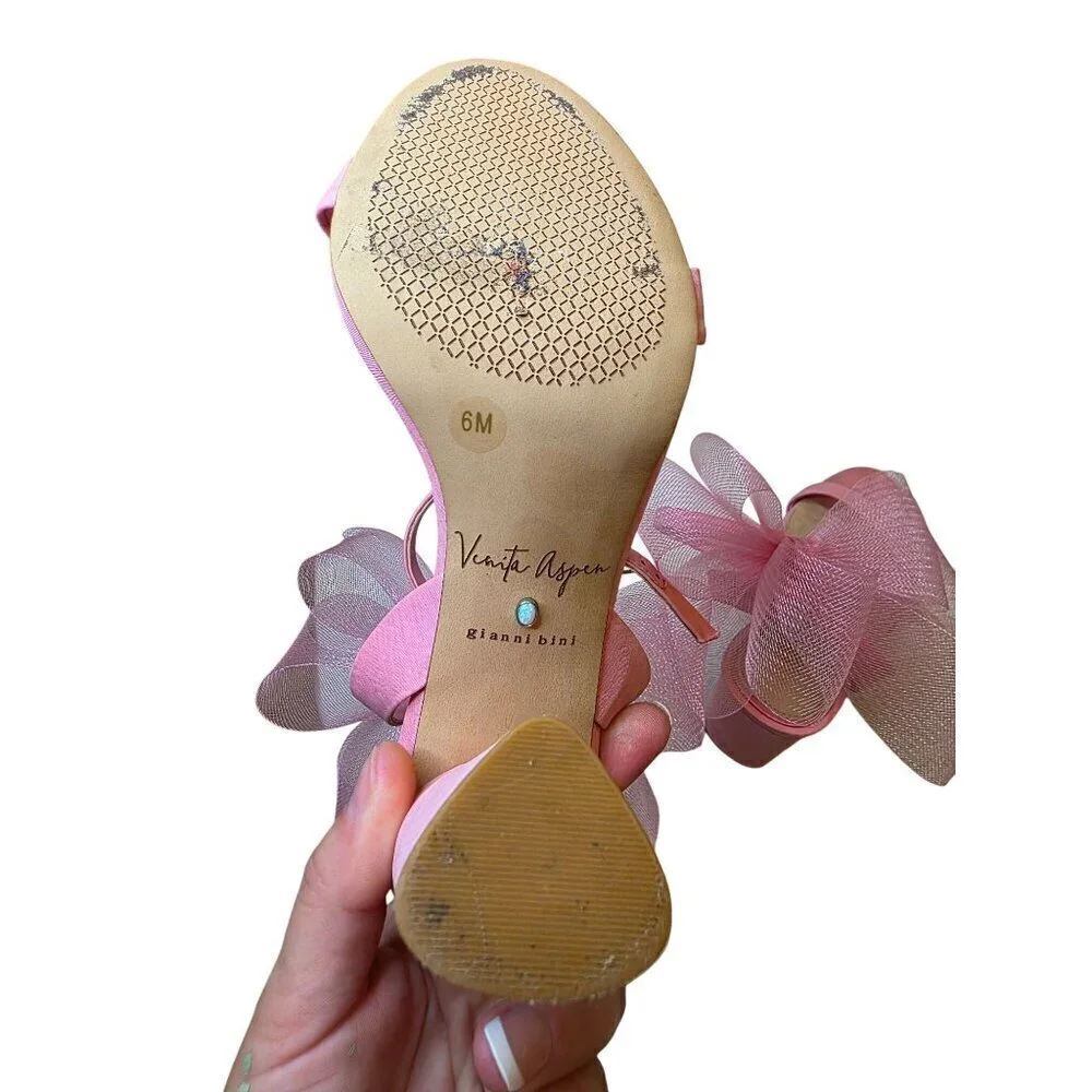 Pink Heeled Sandals With Large Tulle Bow Accent & Adjustable‎ Ankle Strap - Picture 11 of 16